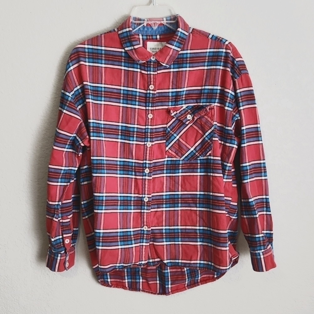 Forever 21 Shirt Size L Plaid Button Longsleeve Red Blue Black White